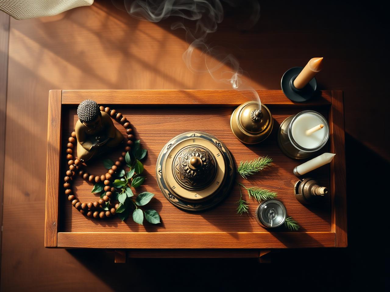 A wooden altar with multi-tradition symbols