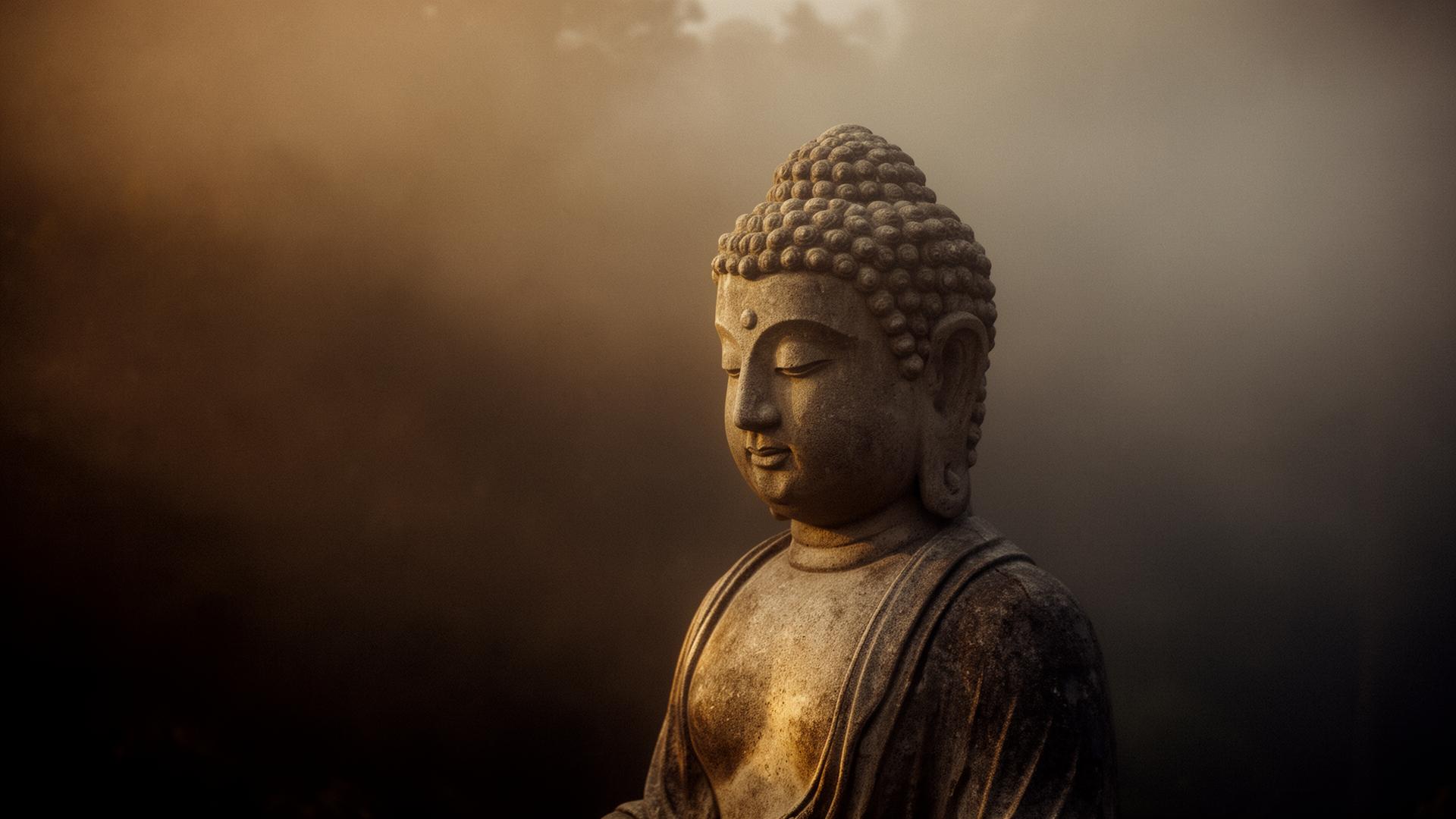 Stone Buddha in soft morning mist